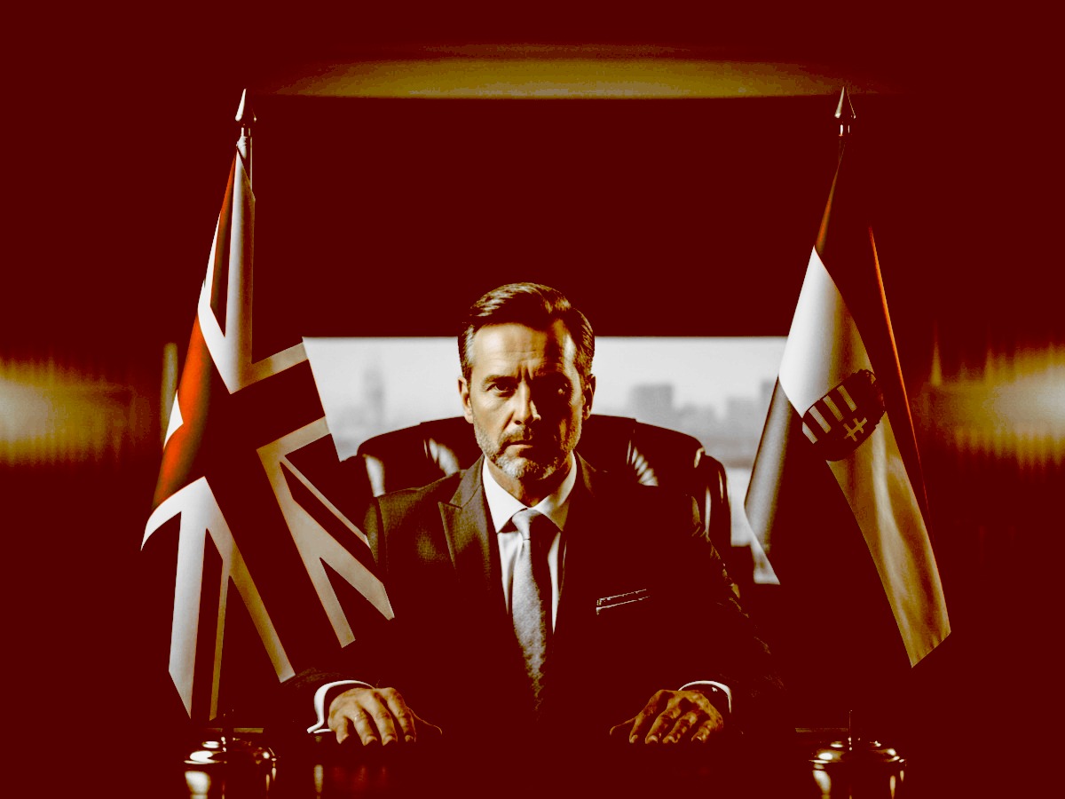 Geschäftsmann am Schreibtisch zwischen britischer und ungarischer Flagge – internationale Firmenvernetzung