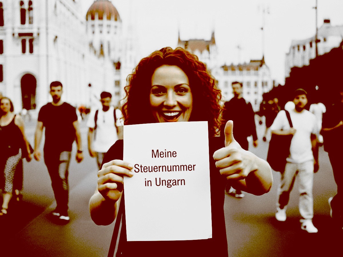 Frau hält Schild 'Meine Steuernummer in Ungarn' vor Budapester Parlament – Symbol für ungarische Steuernummer