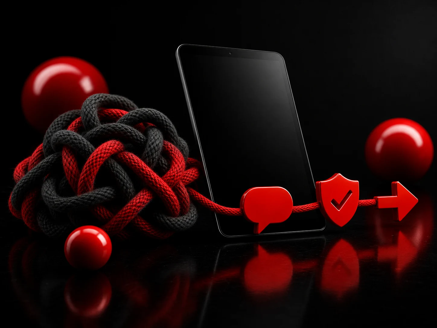 Schwarzes Smartphone neben einem rot-schwarzen textilen Knoten mit Symbolen für Kommunikation, Schutz und klare Richtung