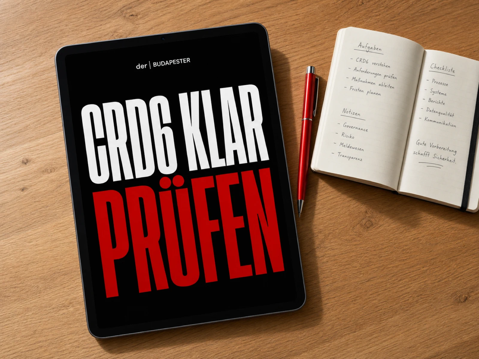 Tablet auf einem Holzschreibtisch mit dem sichtbaren Text CRD6 klar prüfen