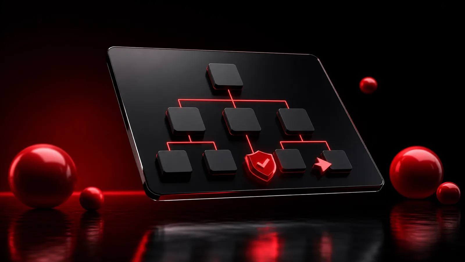 Schwarzes Tablet mit roter Struktur Grafik, Schildsymbol und roten Kugeln
