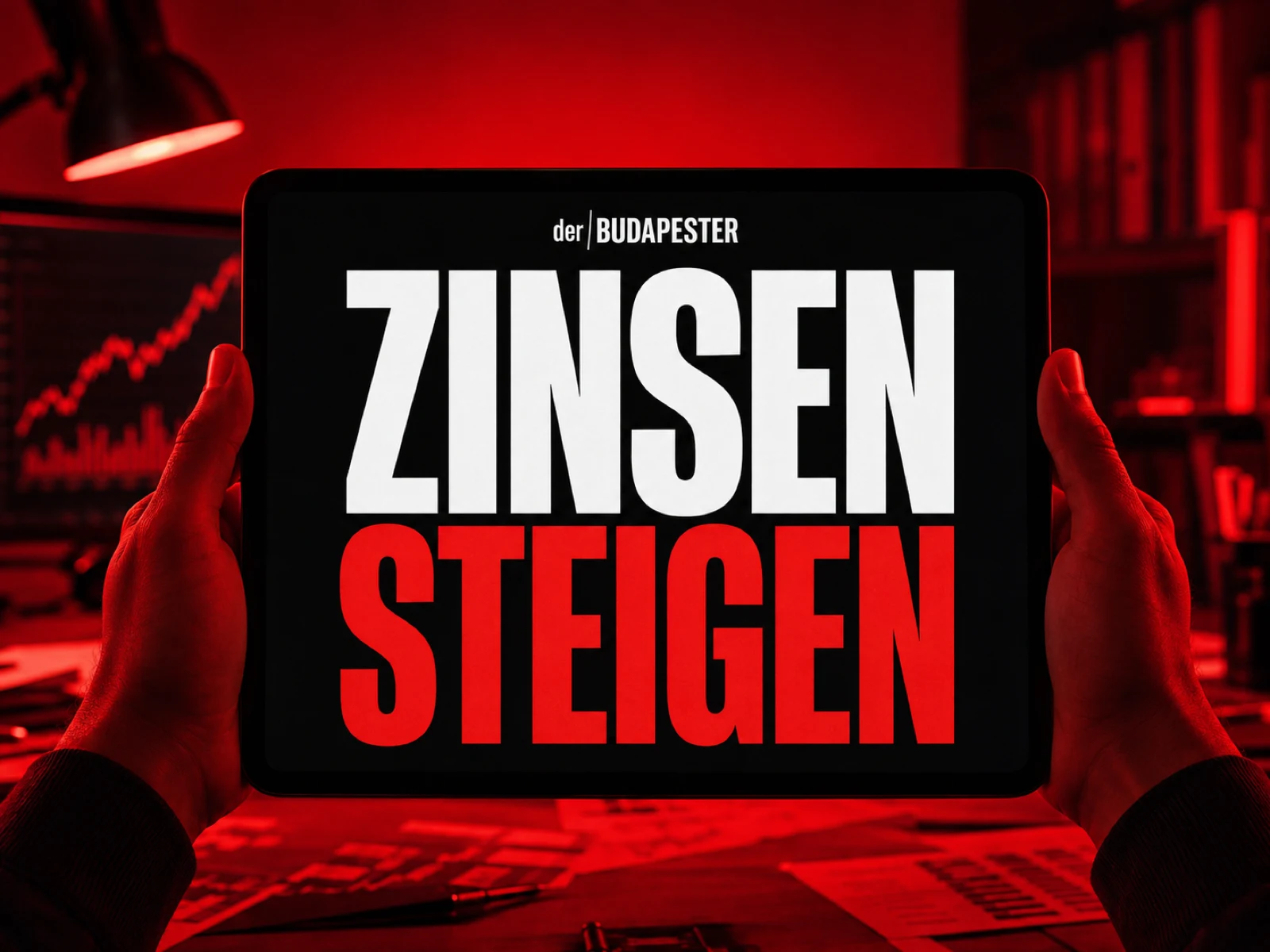 Zwei Hände halten ein Tablet mit der Aufschrift ZINSEN STEIGEN