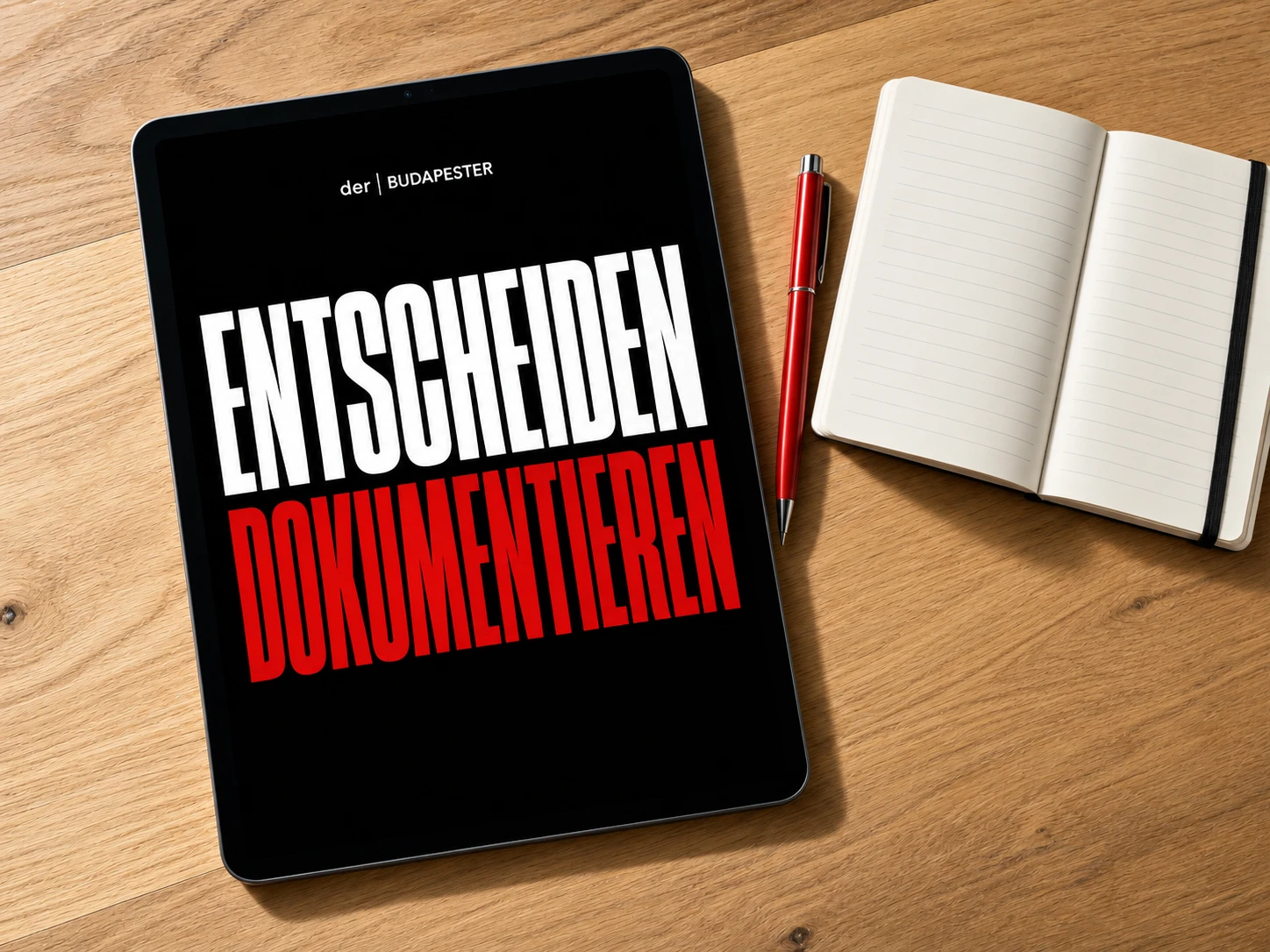 Schwarzes Tablet auf einem Holztisch neben einem offenen Notizbuch und rotem Stift. Auf dem Display stehen der | BUDAPESTER, ENTSCHEIDEN in Weiß und DOKUMENTIEREN in Rot.